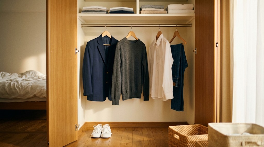 クローゼットに並ぶ紺のブレザーと私服