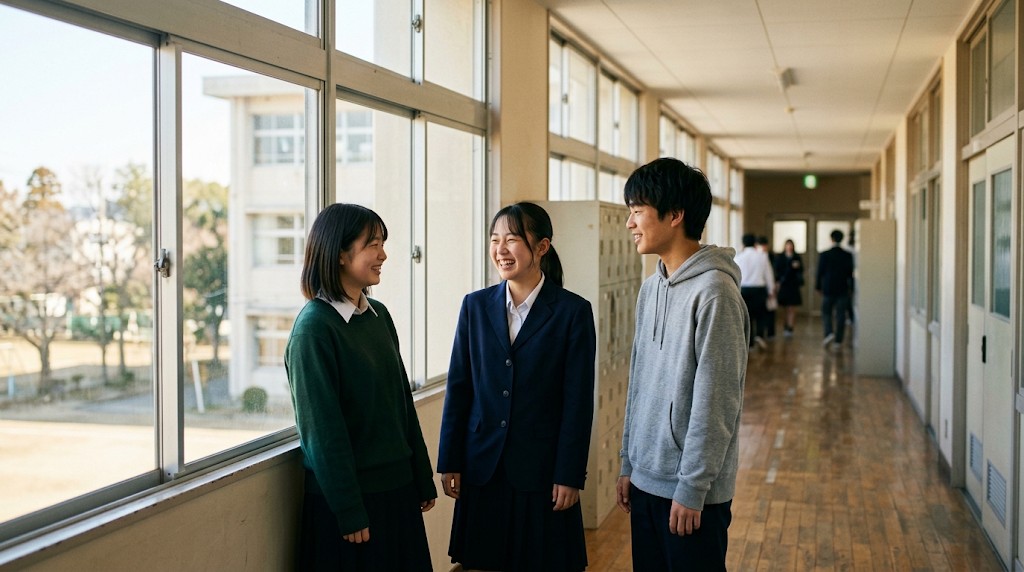 学校の廊下で話す、制服と私服の高校生たち