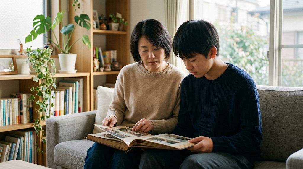 アルバムを一緒にめくる母親と息子