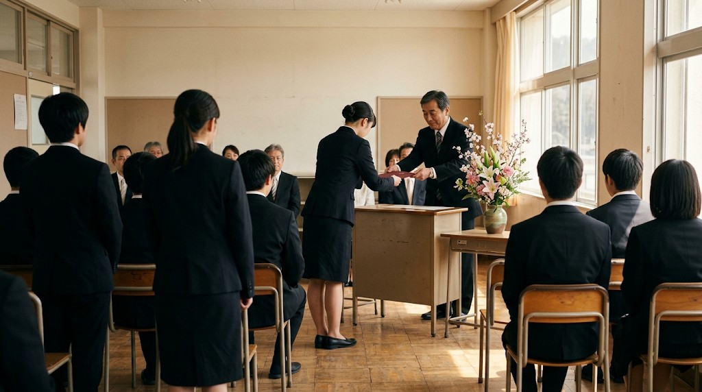 小さな教室で卒業証書を受け取る卒業生