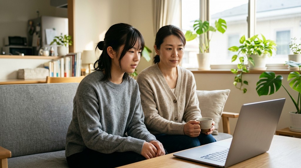 自宅でノートパソコンのオンライン行事を見る親子