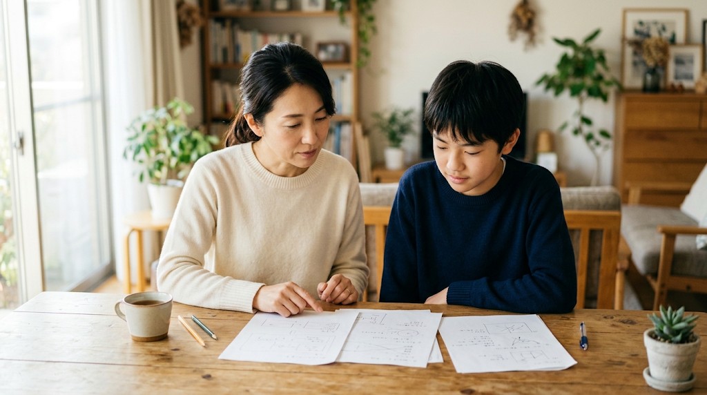 資料を一緒に見る母親と中学生の息子