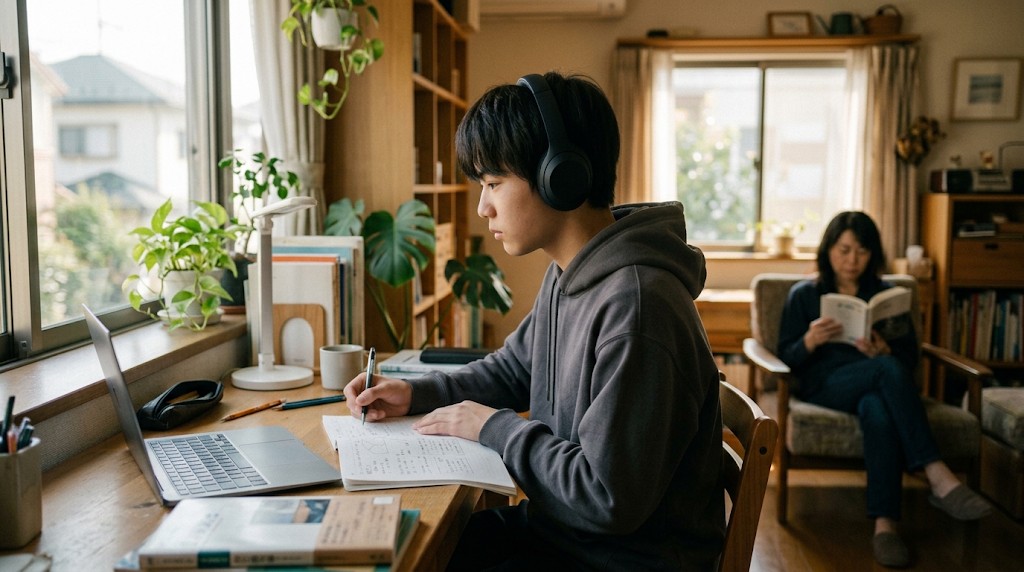ヘッドホンをつけて自宅で勉強する高校生