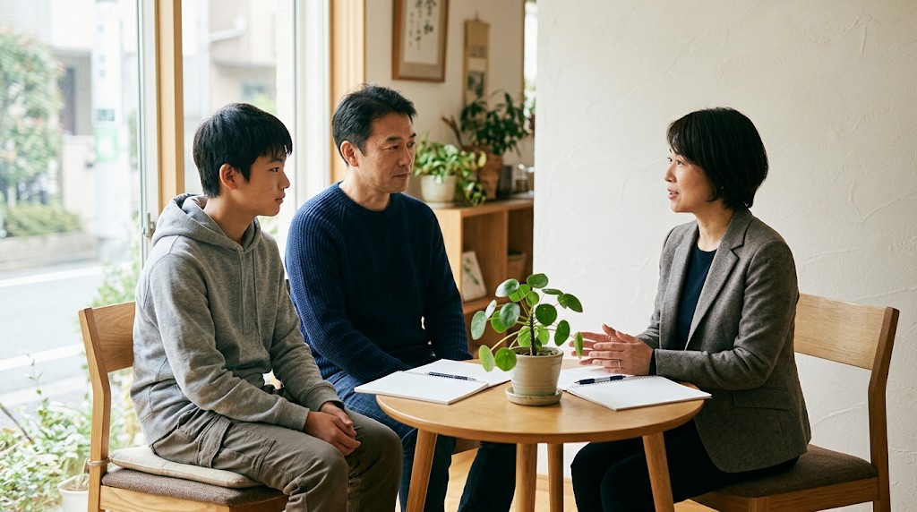 相談室で相談員の話を聞く父親と息子