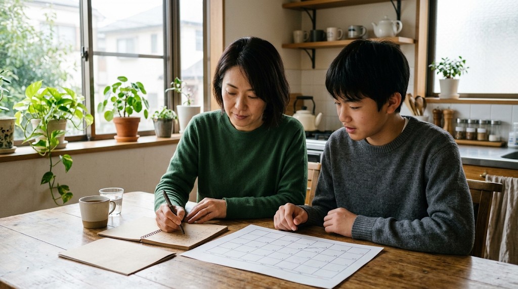 カレンダーを前に通う予定を立てる母親と息子