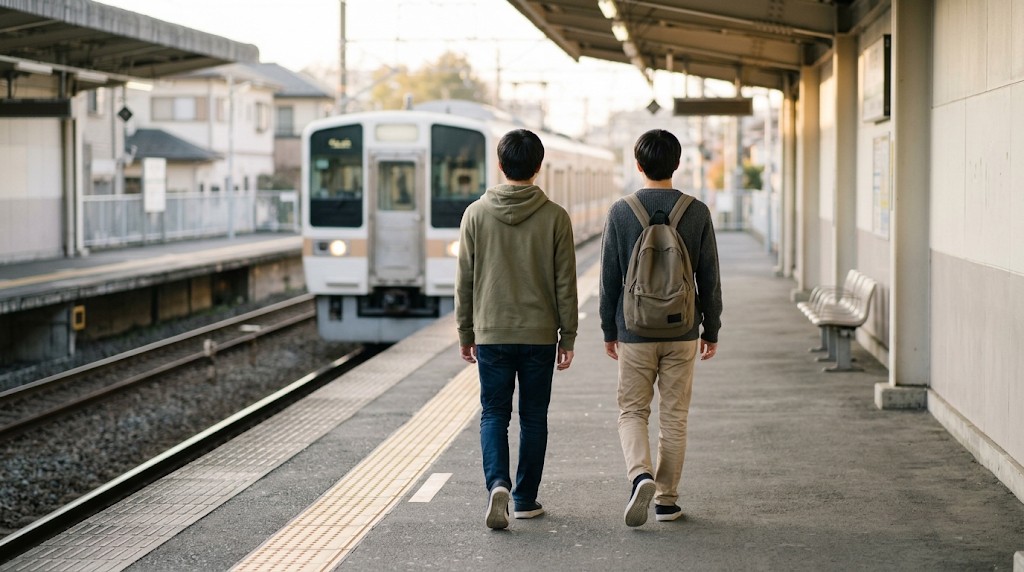 駅のホームを並んで歩く高校生2人