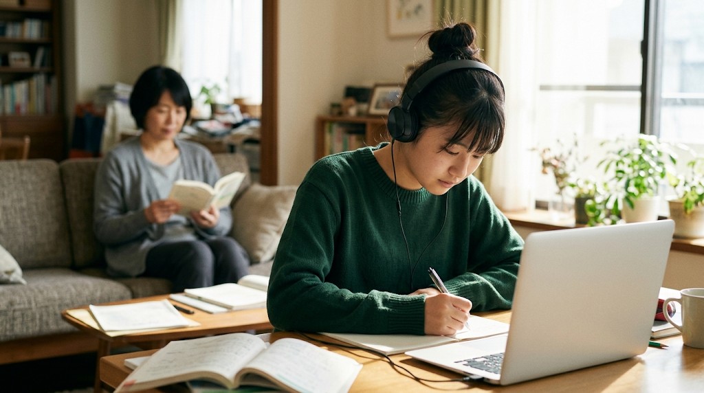 自宅でオンライン授業を受ける高校生と、ソファで本を読む母親