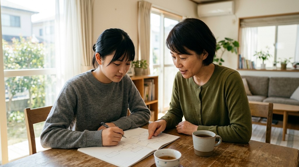 ノートを見ながら話す高校生と母親