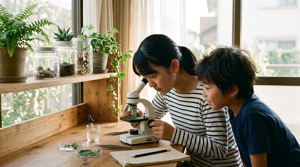 自宅で顕微鏡をのぞく高校生と弟