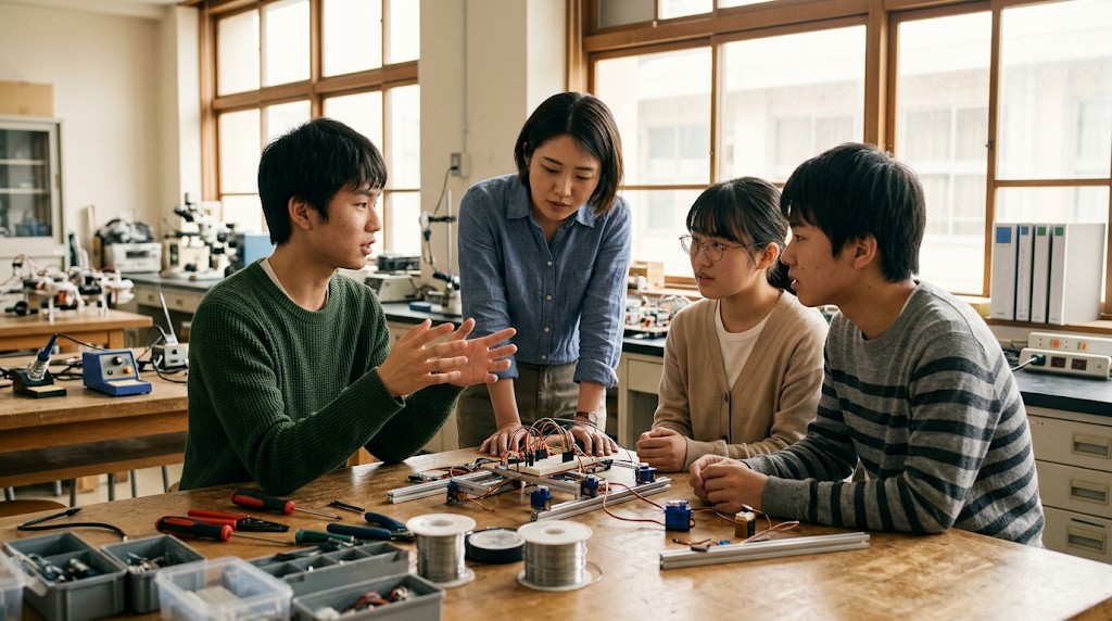 大学の実験室でロボットを作る高校生たち