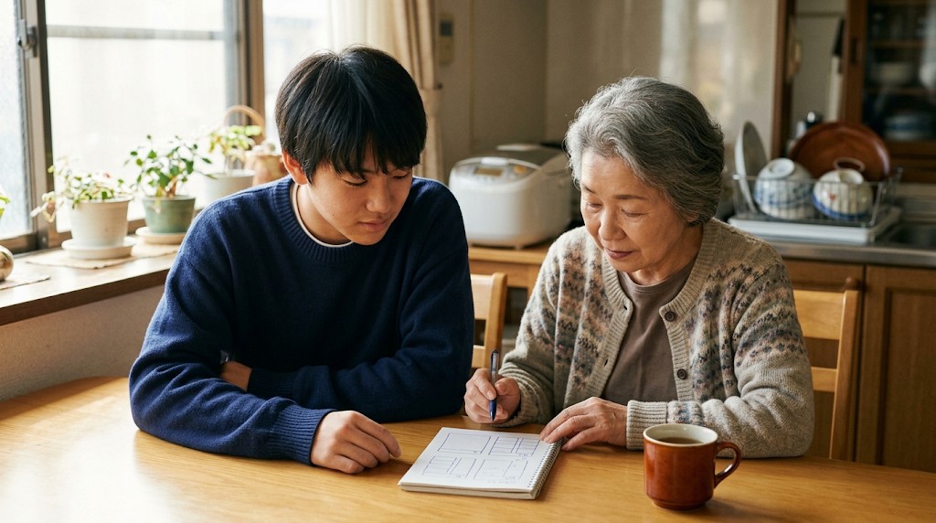 台所のテーブルで、高校生と祖母が手書きの四角を描いたノートを一緒に見ている様子