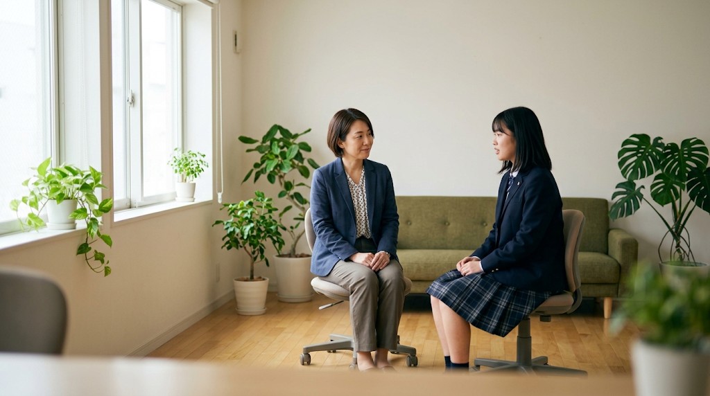 明るい相談室で、女子高校生が女性の相談員と向かい合って話している様子