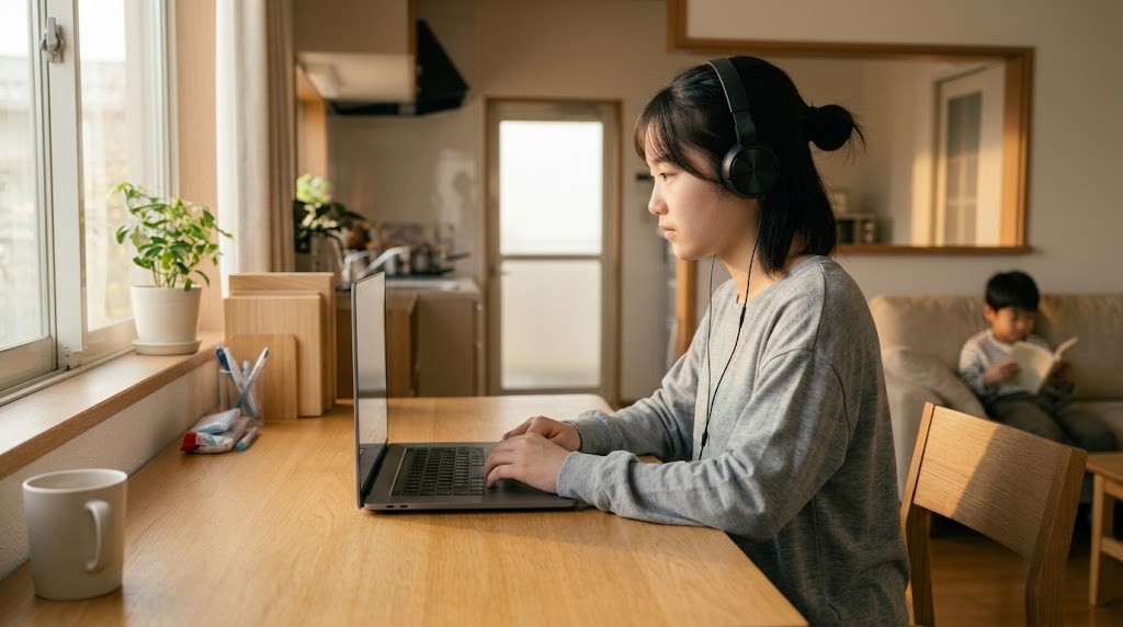 自宅のリビングでヘッドホンをつけ、ノートパソコンで学習する高校生と、ソファで本を読む弟
