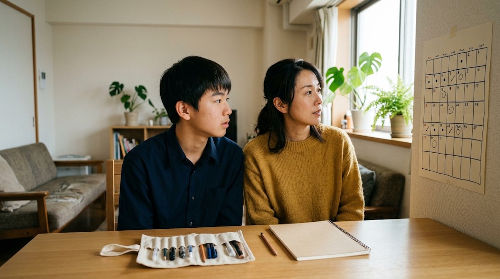 カレンダーを見ながら予定を考える高校生と母親