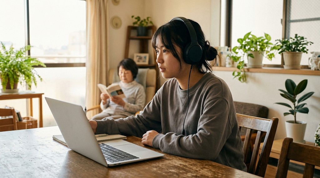 自宅でヘッドホンをつけてオンライン授業を受ける高校生