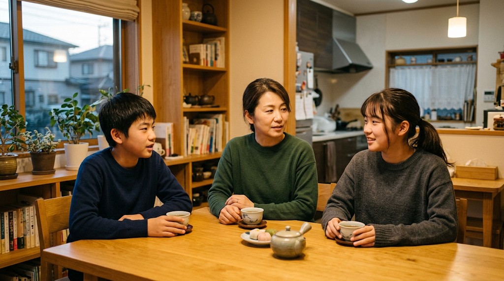 食卓でお茶を飲みながら話す母親と2人のきょうだい
