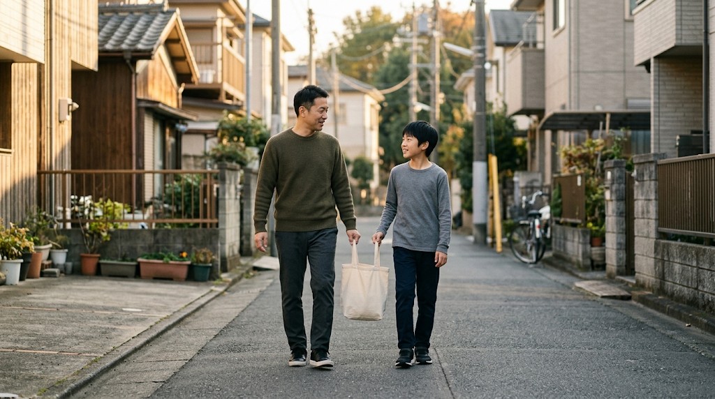 住宅街を並んで歩く父親と息子