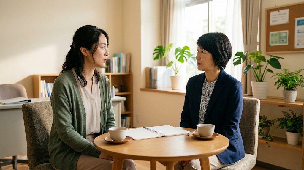 相談室でスクールカウンセラーと話す母親