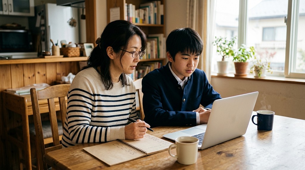 自宅でオンライン説明会に参加する母親と高校生