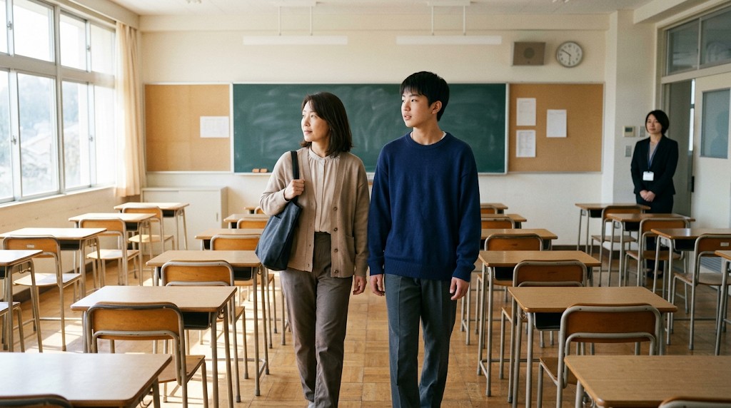 学校見学で教室を見て回る親子