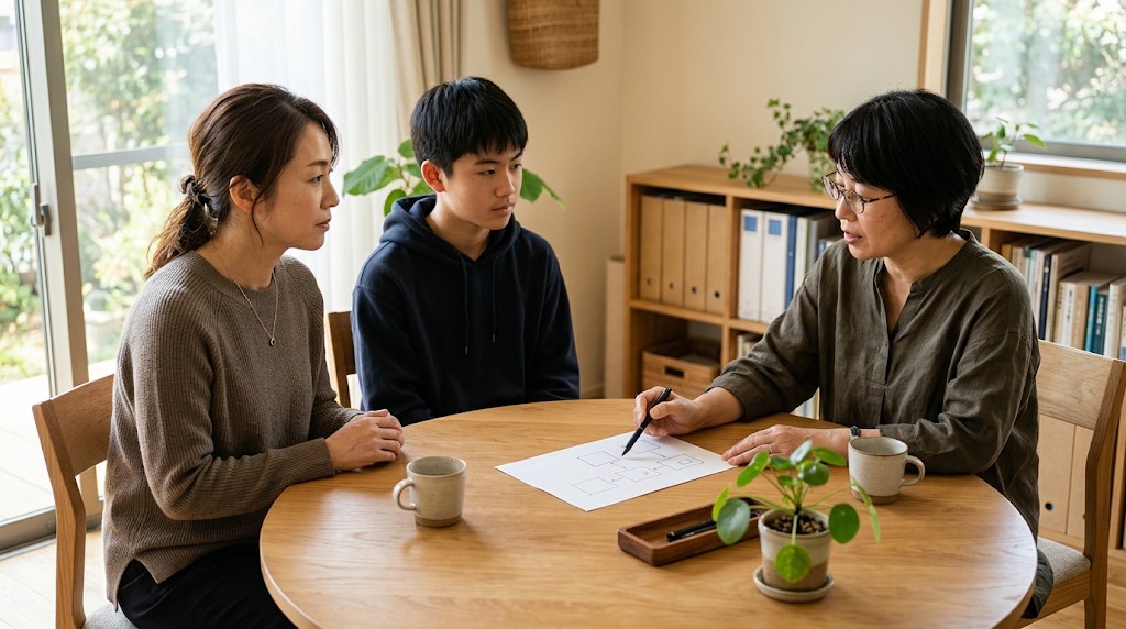 相談室で担当者の話を聞く母親と息子