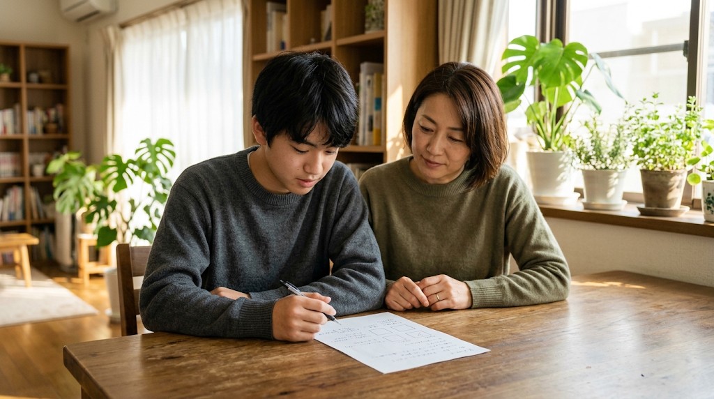 紙に書き出しながら進路を考える高校生と母親