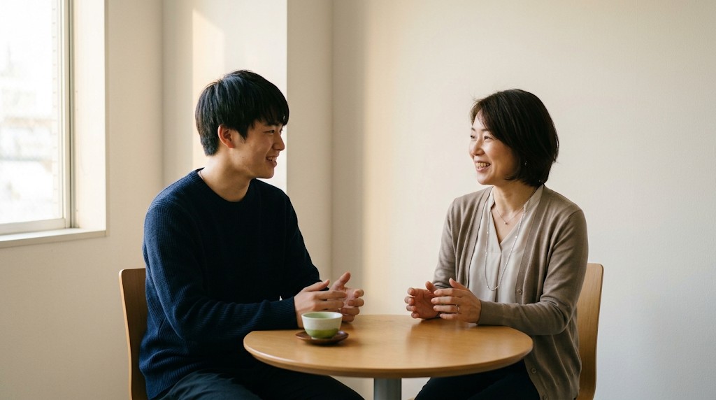 相談室で相談員と話す若者