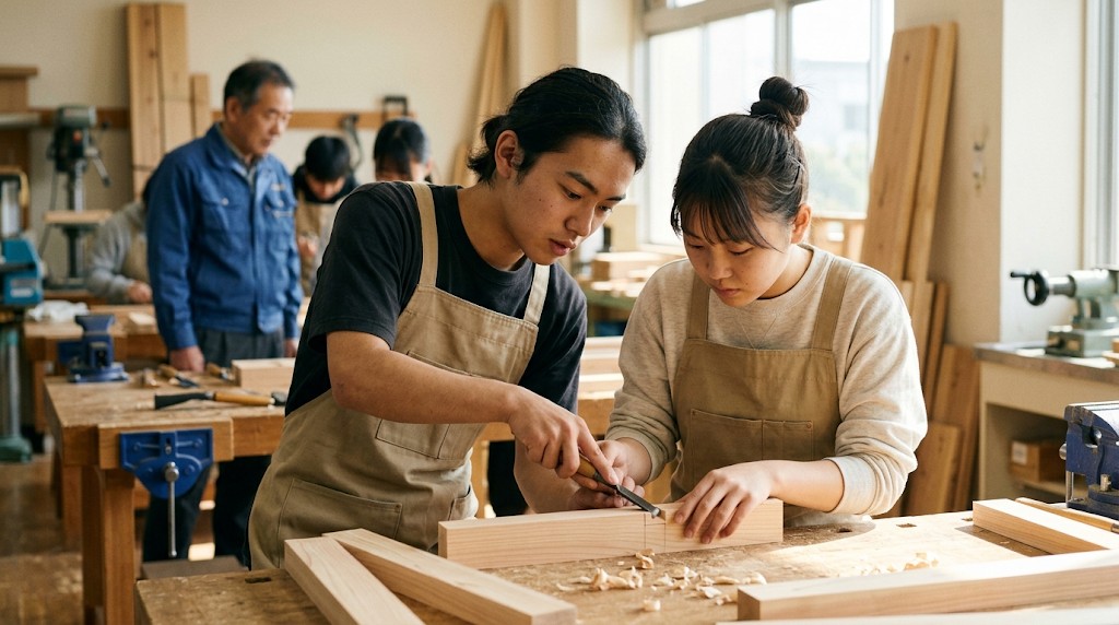職業訓練の作業台で木工に取り組む若者たち