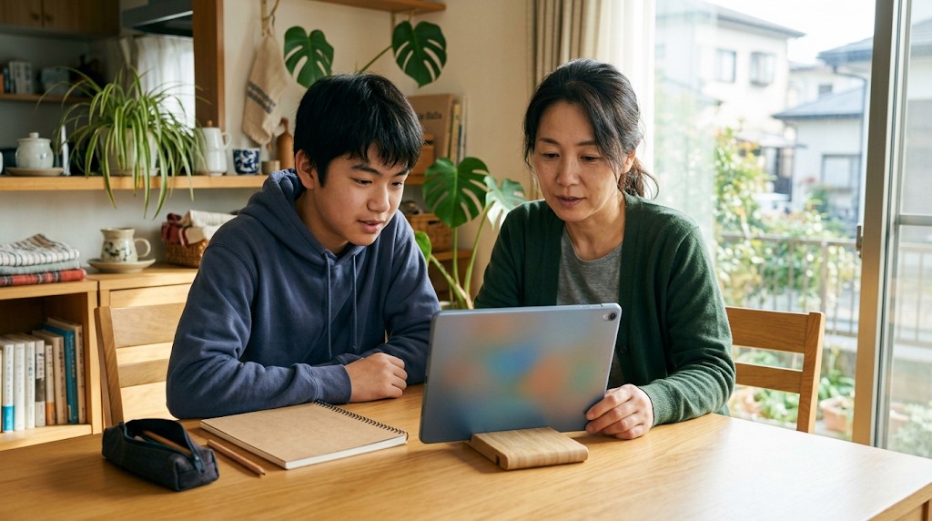 リビングのテーブルで、母親と高校生の息子がタブレットの画面を一緒に見ている様子
