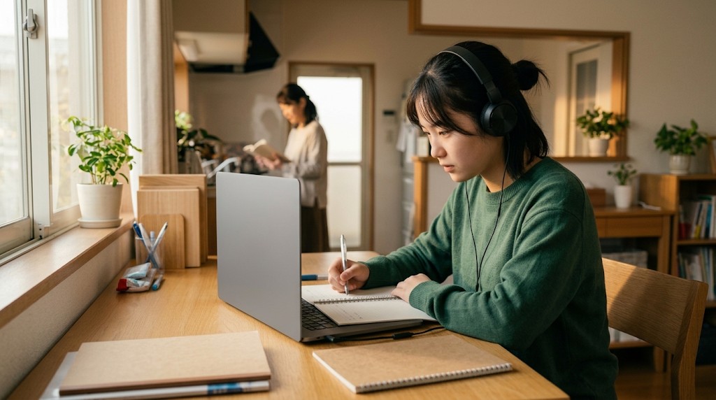 自宅の机でヘッドホンをつけ、ノートパソコンの横でノートに書き込む高校生