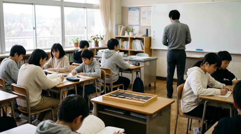 教室の前の机に置かれたトレーにスマートフォンが並び、生徒たちが紙のノートで学習している様子