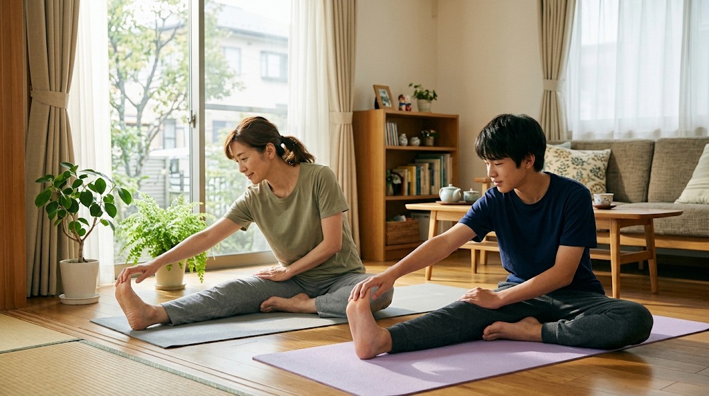リビングで一緒にストレッチをする母親と息子