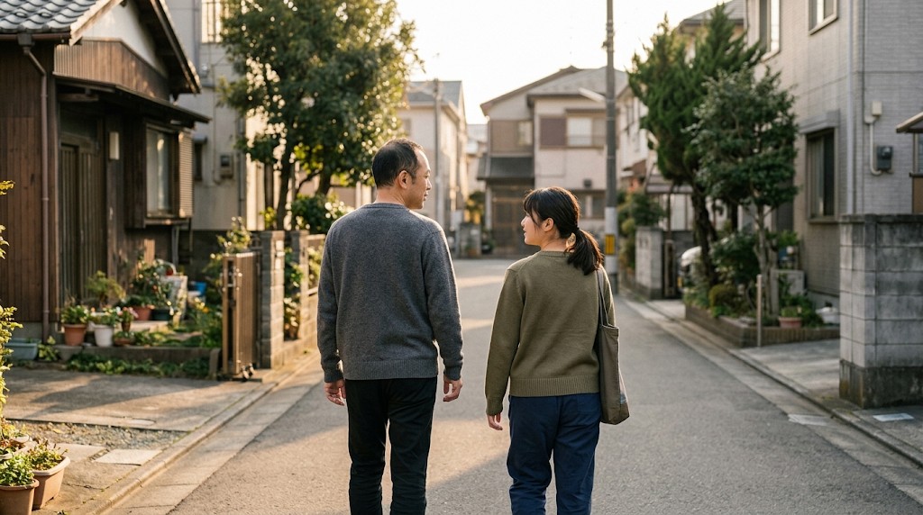 夕方の住宅街を並んで歩く父親と娘
