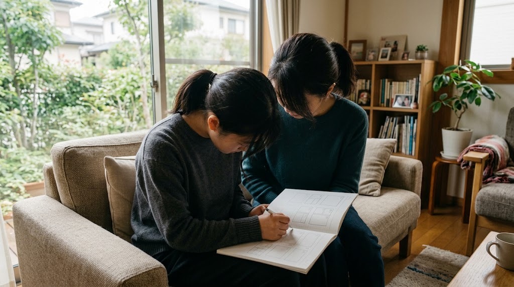 緑の見える明るいリビングのソファで、母親と高校生の娘が一緒にノートをのぞき込んでいる