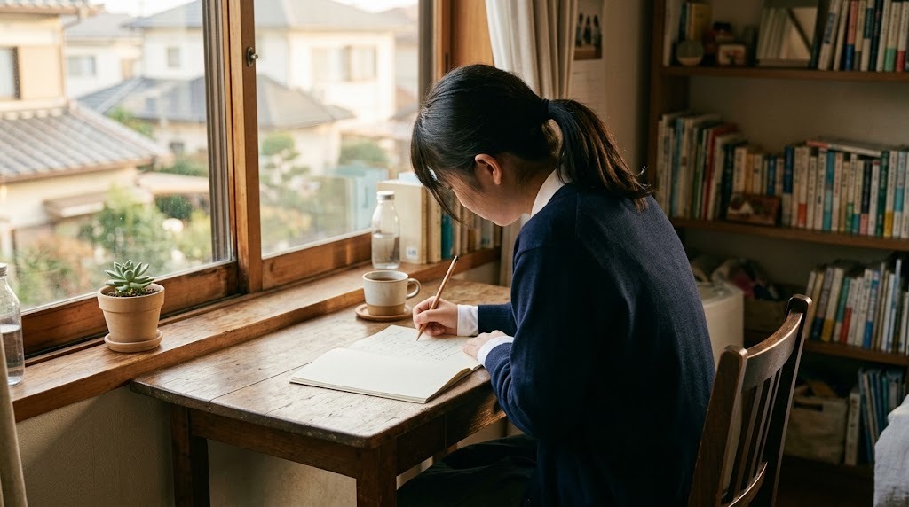 住宅街が見える窓辺の木の机で、高校生がノートに書き込みながら勉強している後ろ姿