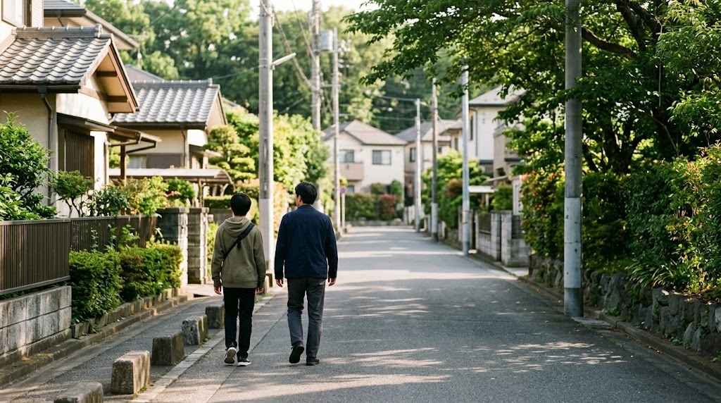 朝の並木のある住宅街の道を、父親と高校生の息子が並んで歩いていく後ろ姿