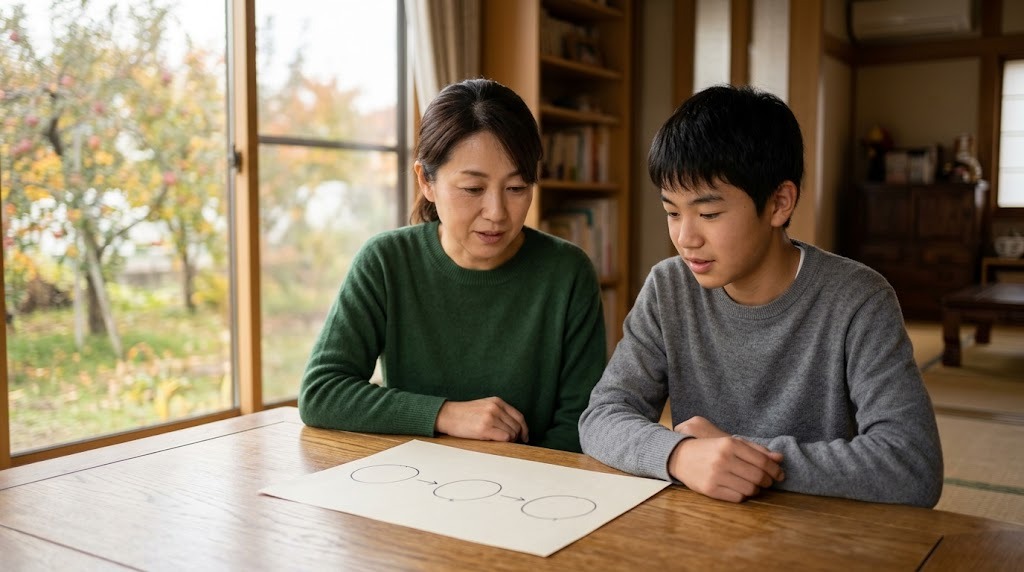 りんごの木が見える窓辺の座卓で、母親と高校生の息子が丸と矢印だけを描いた紙を一緒に見ている