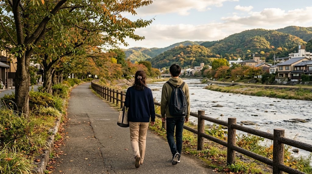 山の見える広い川沿いの遊歩道を、母親と高校生の息子が並んで歩いていく後ろ姿