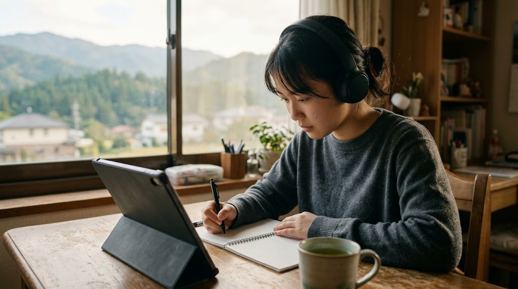 山の見える窓辺の机で、ヘッドホンをつけた高校生がタブレットの横でノートを取っている