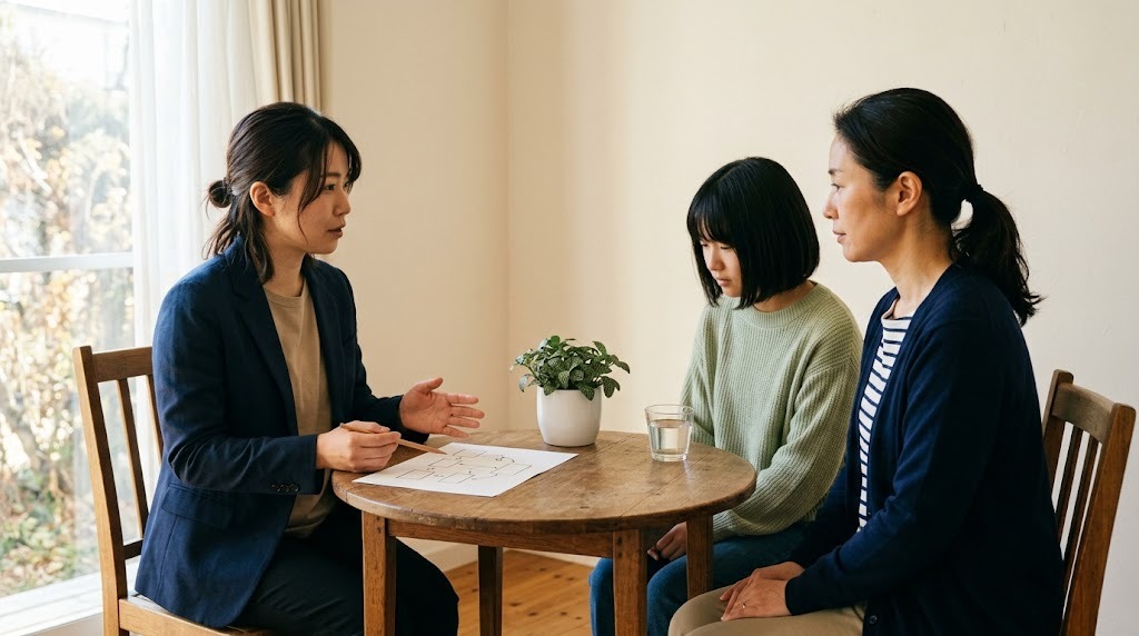 落ち着いた相談室の丸テーブルで、母親と高校生の娘が、手描きの図で説明する相談員の話を聞いている