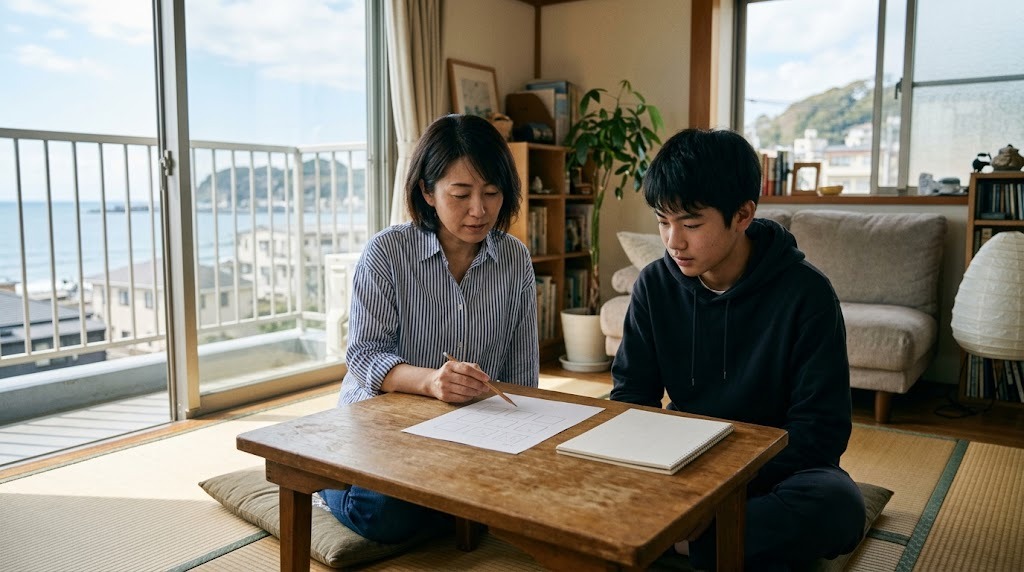 海の見える明るい部屋の座卓で、母親と高校生の息子が四角だけを描いた紙を一緒に見ている