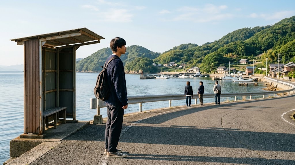 港町の海沿いの道で、屋根つきの待合所のそばに立ち、海を見ている高校生