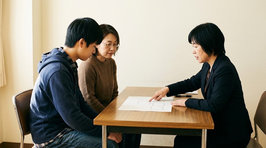 明るい相談室の机で、高校生と保護者が、手描きの図を指しながら説明する相談員の話を聞いている