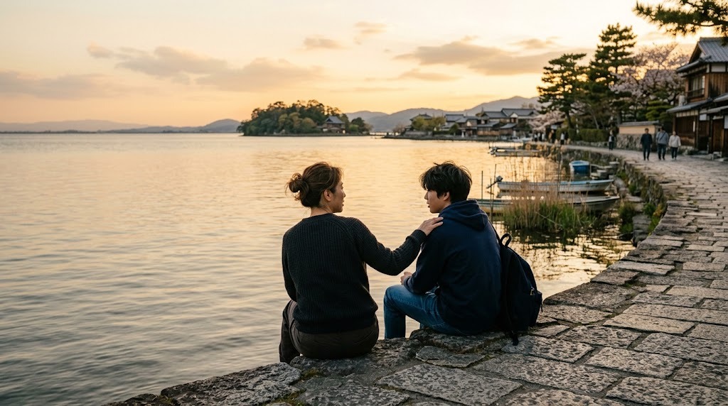夕暮れの湖のほとりの石積みに、母親と高校生の息子が並んで座り、小さな島を眺めながら話している後ろ姿