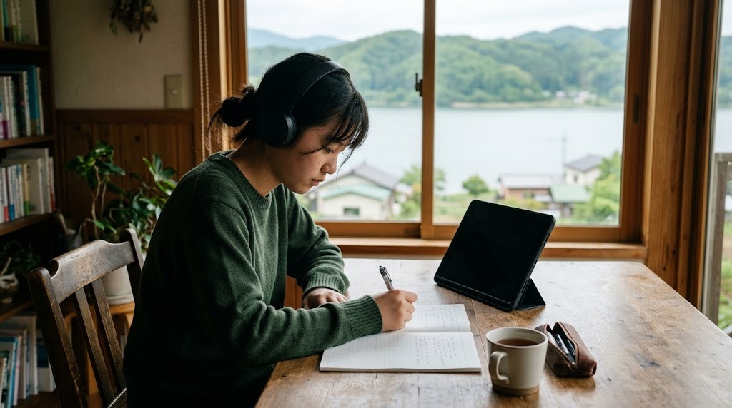 湖と緑の山が見える窓辺の机で、ヘッドホンをつけた高校生がタブレットの横でノートを取っている