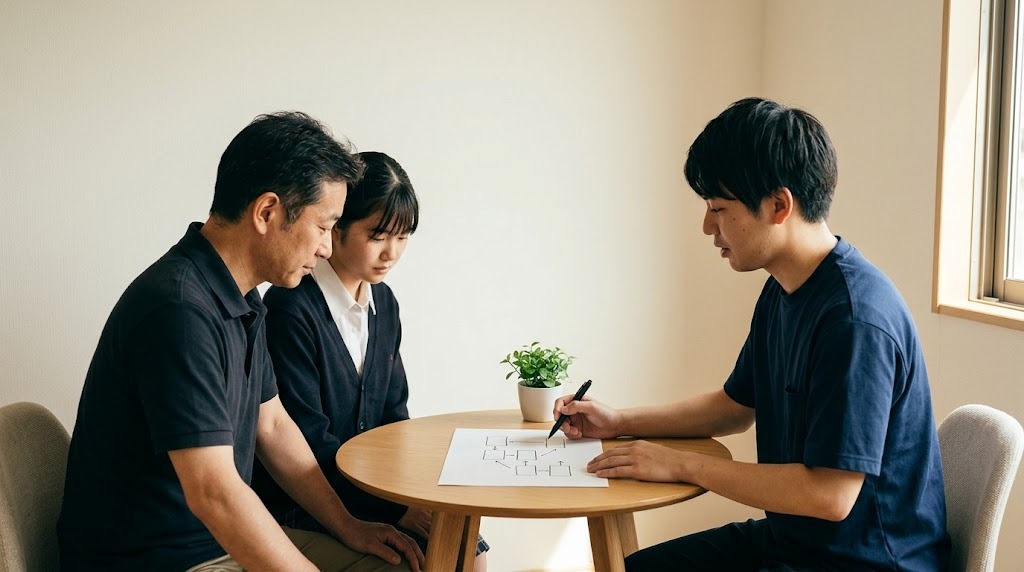 落ち着いた相談室の丸テーブルで、父親と高校生の娘が、手描きの図で説明する相談員の話を聞いている