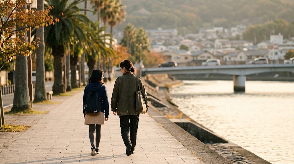 やしの木が並ぶ川沿いの遊歩道を、母親と高校生の娘が並んで歩いていく後ろ姿