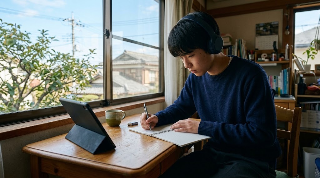 明るい窓辺の机で、ヘッドホンをつけた高校生がタブレットの横でノートを取っている