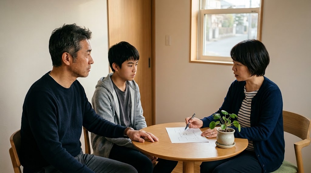 落ち着いた相談室の丸テーブルで、父親と高校生の息子が、手描きの図で説明する相談員の話を聞いている