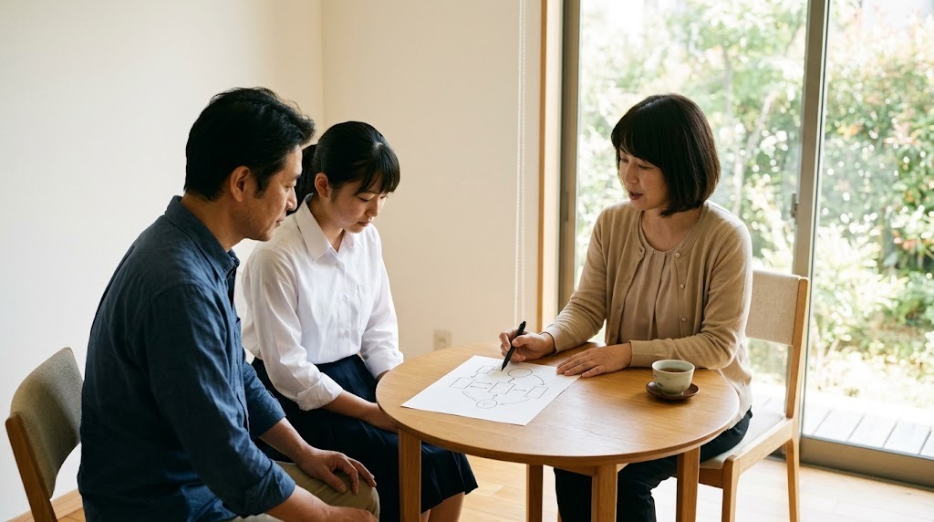 明るい相談室の丸テーブルで、父親と高校生の娘が、手描きの図で説明する相談員の話を聞いている